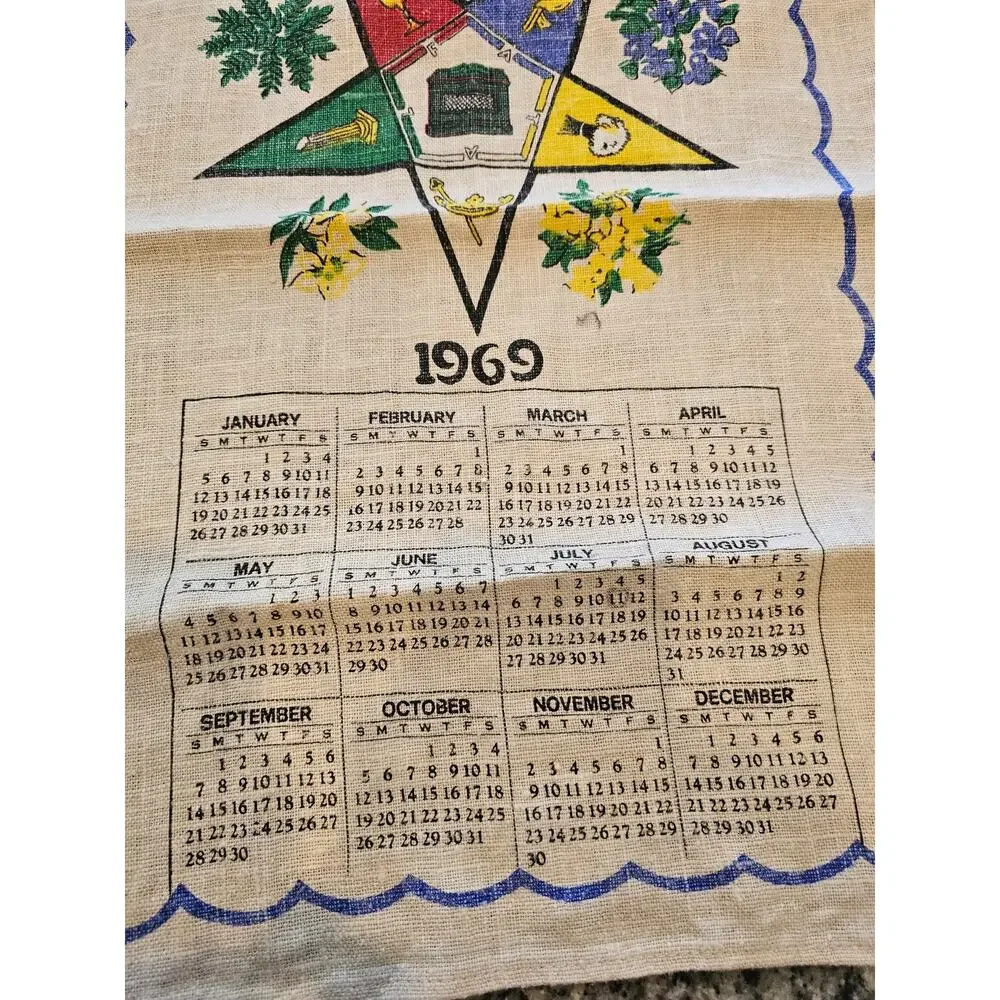 1969 Order of the Eastern Star Masonic Fabric Stevens Towel Linen Calendar